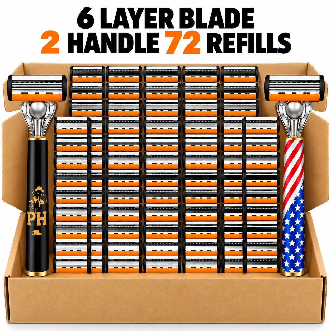 Men's 6-Blade Manual Razor Boxed Kit - 72 Replacement Heads, 2 Handles for Face & Beard Grooming, Smooth Precision Shaving Tool, Boxed Kit Razors