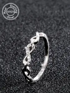 925 Sterling Silver Fashion Chain Decorated Rhinestones Decor Ring for Women & Girls, New Fashion Jewelry for Party, Trendy All-match & Exquisite Jewelry for Gift, Elegant Ring, Statement Rings, Elegant Everyday Ring