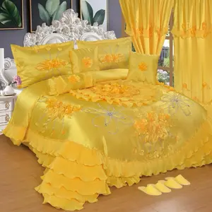 Wedding Set - Pink and White Bedding with Floral Design and Ruffled Edges