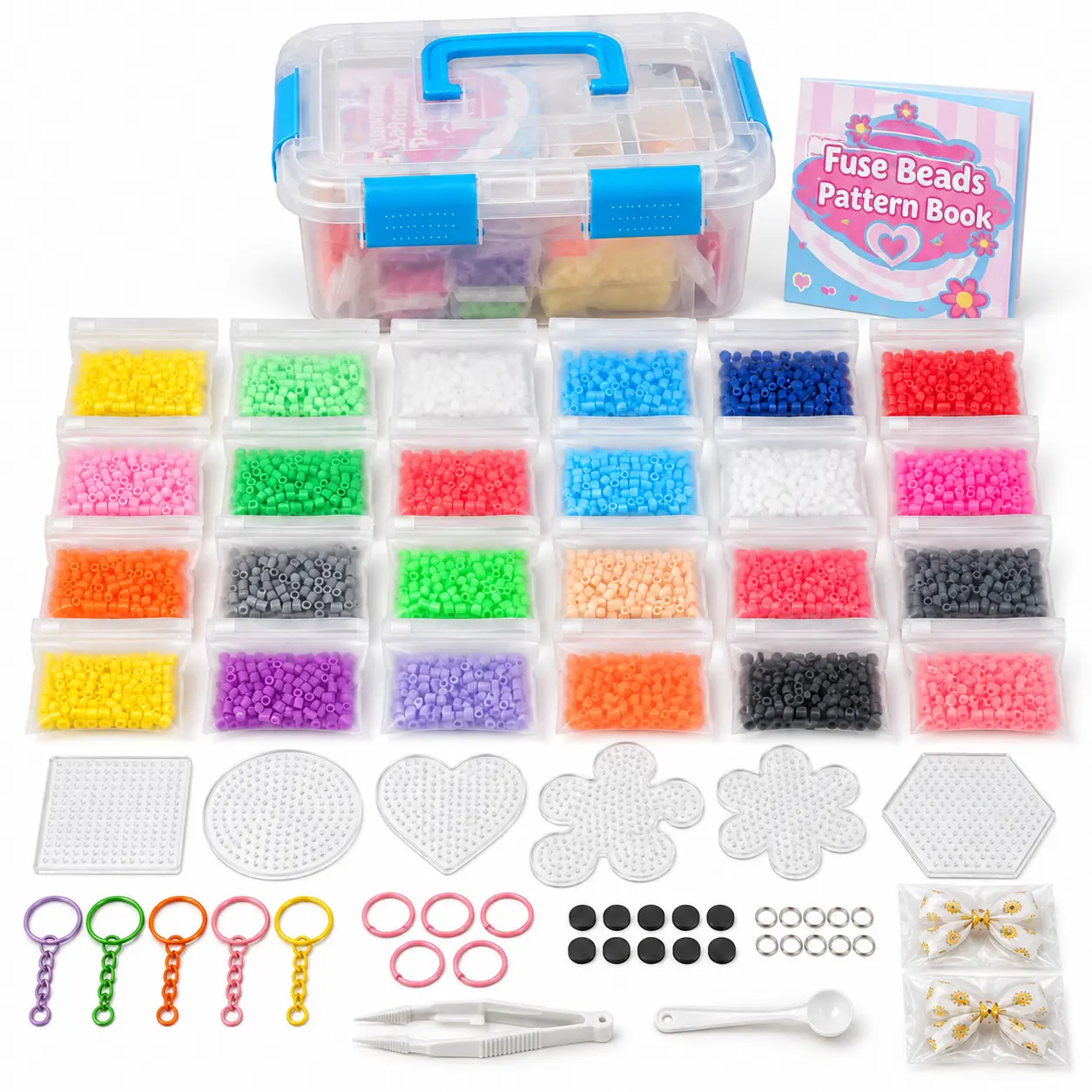 Coolinbo 12,000pc 5mm Fuse Beads Kit with Storage Case, Easy-to-Handle Larger Beads, 24 Colors in Separate No-Mix Bags, 6 Pegboards, 70+ Patterns & Keychain Magnet Accessories, DIY Craft Set