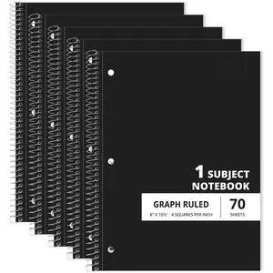 Graph Ruled Subject Spiral Notebook, 5 Pack, 4x4 Grid Paper, 8" x 10-1/2", 70 Sheets, 1 Subject, 3-Hole Punched for School, Work, Black