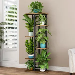 dealsforyoudays Plant Staggered Bracket Indoor Plant Rack Suitable for Garden Corner Balcony Living Room (6 Tier with 7 Potted Plants, Black)