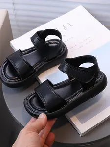 Unisex Kids Lightweight Breathable Casual Shoes, PU Leather Strap, Velcro Ankle Band, Flat Sole, Summer Wear, Casual Daily Use