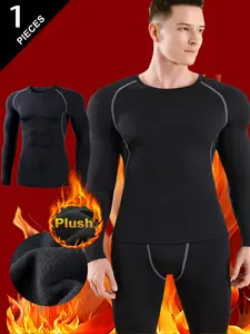 Men's Outdoor Warm Underwear Fleece Lined Thick Winter Thermal Long Sleeve Round Neck Top, Pure Color Fall Winter Skiing