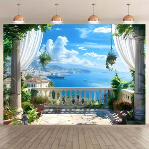 Seaside Town Landscape Pattern Backdrop, 1 Count Photography Background, Indoor Backdrops, Wall Decoration, Birthday Party Decoration, Curtains, Tablecloths, Banners