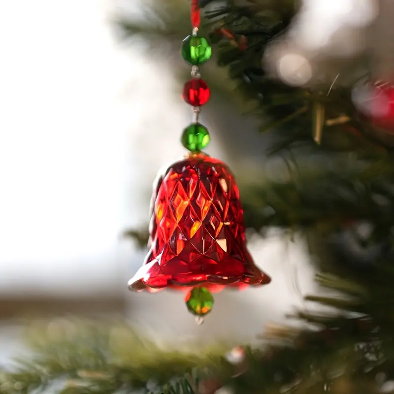 Red Crystal Wind Chime with Transparent Glass Bell Pendant - Home Festive Christmas Decor, Window Sun Catcher Ornament