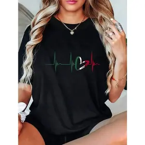 Women's Fitted 100% Cotton Shortsleeve Crew Neck Casual Graphic T-Shirt - Mexico Heart Flag EKG Pulse Design, Black Clothes