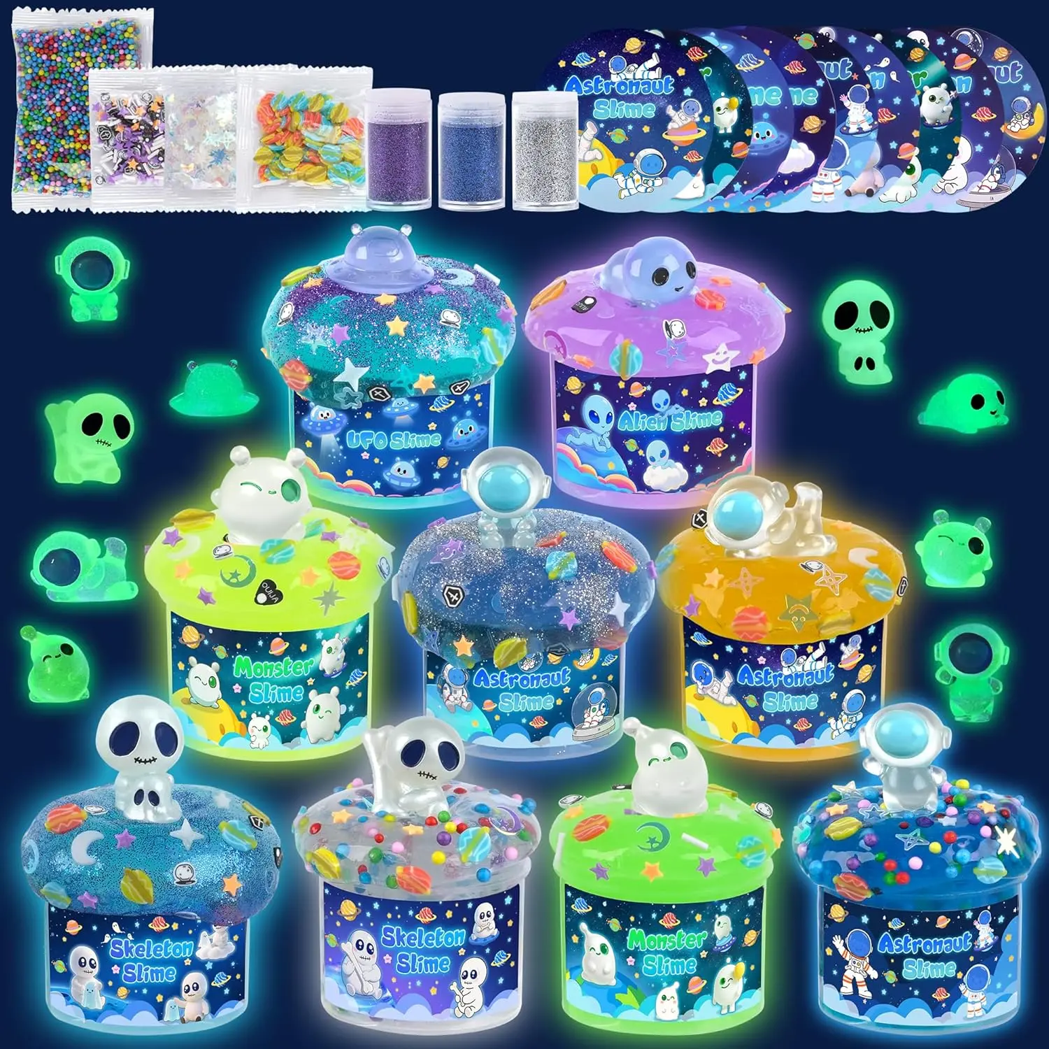 Galaxy Glow-in-the-Dark Slime Kit 9 Pack for Kids – DIY Space Slime Set with Astronaut, Alien & UFO Charms, Sensory Toys, Party Favors & Birthday Gift