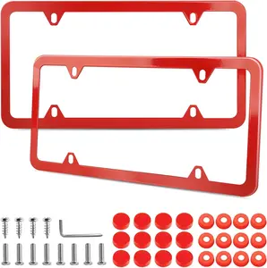 Red License Plate Frames 2 Pack, License Plate Holders Stainless Steel, Universal US Car License Plate Covers with Screws Washers Caps (4 Holes)