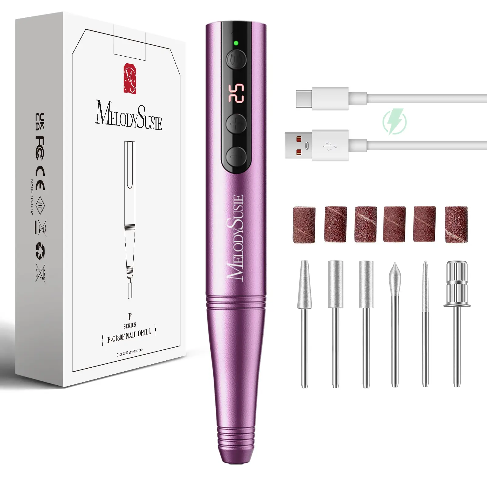 MelodySusie PC180F Cordless Electric Nail Drill Machine with 6 Nail Drill Bits, 25000RPM Rechargeable Nail Care Manicure Set for Acrylic Nail Art