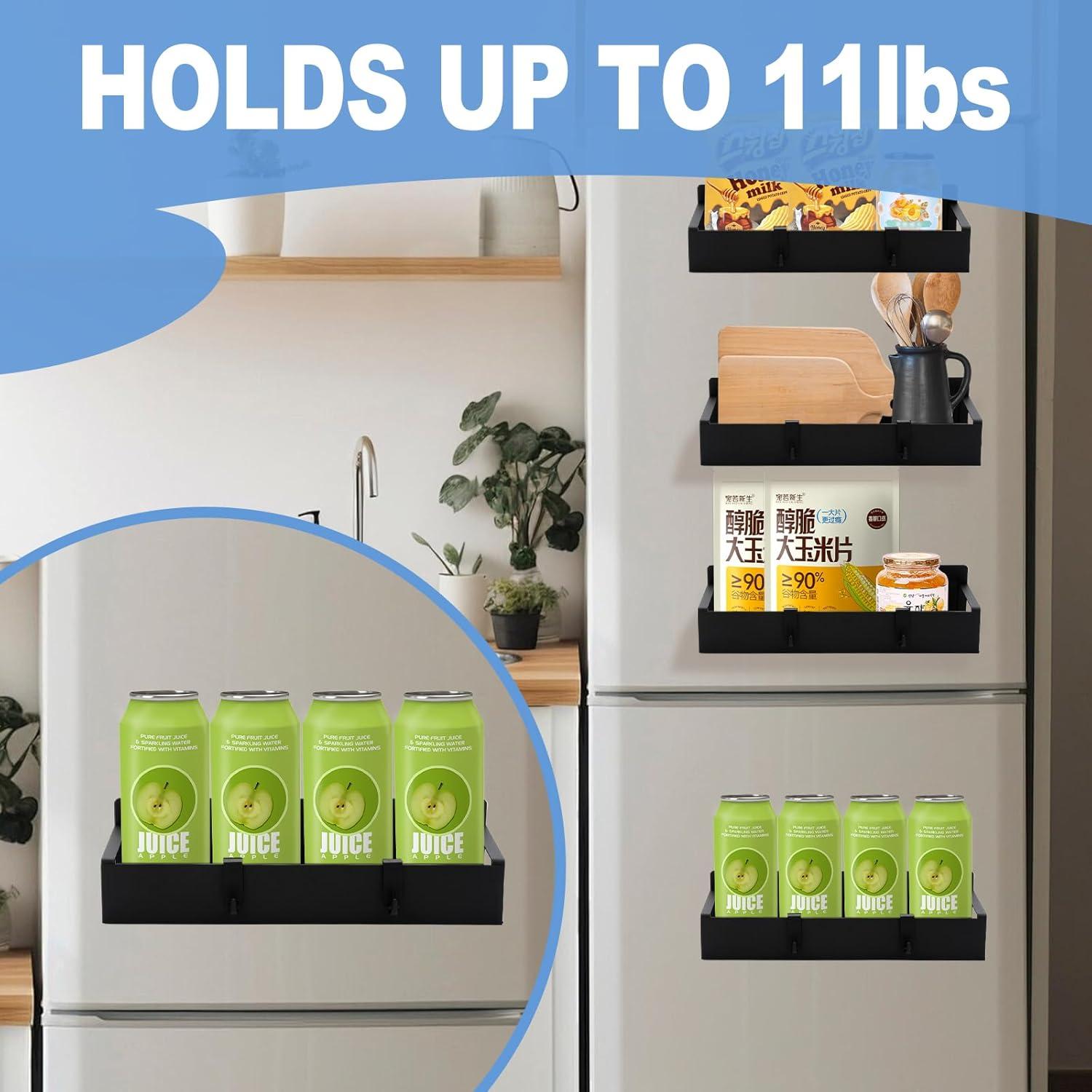 Set of 4 Magnetic Spice Racks with Hooks – Rustproof  Storage Organizer for Kitchen, Pantry & Fridge | Strong Magnet Easy Installation for Herbs, Spices, Jars, Bottles & Drinks, Space Saving Kitchen Organization