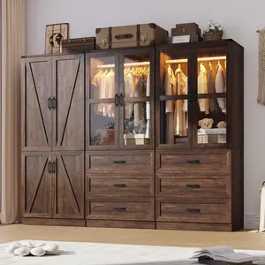 75" Tall Farmhouse Armoire Wardrobe Closet with Drawers and LED,Freestanding Closet Wardrobe Cabinet for Bedroom with Hanging Rod,Wooden Armoire Storage Cabinet (Brown/white)