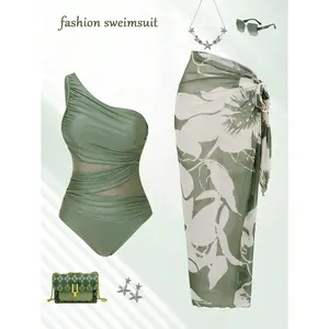 2026 New Women's One Shoulder Mesh One-Piece Swimsuit With Skirt, Boho Y2K Vintage Pleated Modest Bathing Suit in Sage Olive Green for Beach Vacation & Pool Party