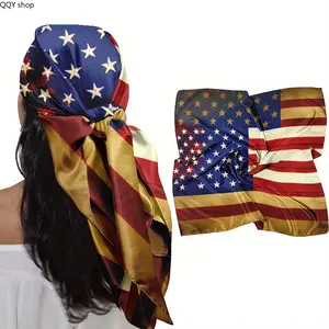 Vintage Gold-Tone American Flag Print Square Scarf, Soft Breathable Multi-Use Patriotic Head Wrap Bandana, Retro 4th of July Fashion Accessory for Women, Stylish Scarf for Daily Wear, Summer Vacations, Holiday Parties and Outdoor Events