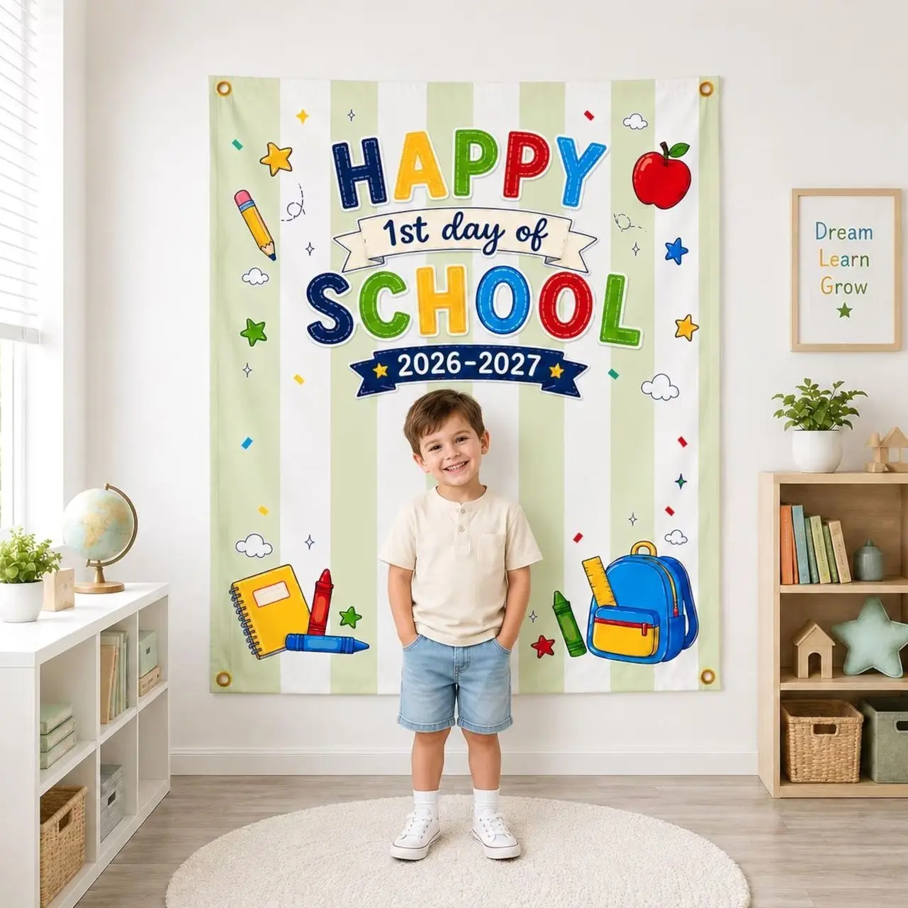 4 Styles First Day of School Tapestry Banner, Personalized Back to School Photo Backdrop, Striped Classroom Decor