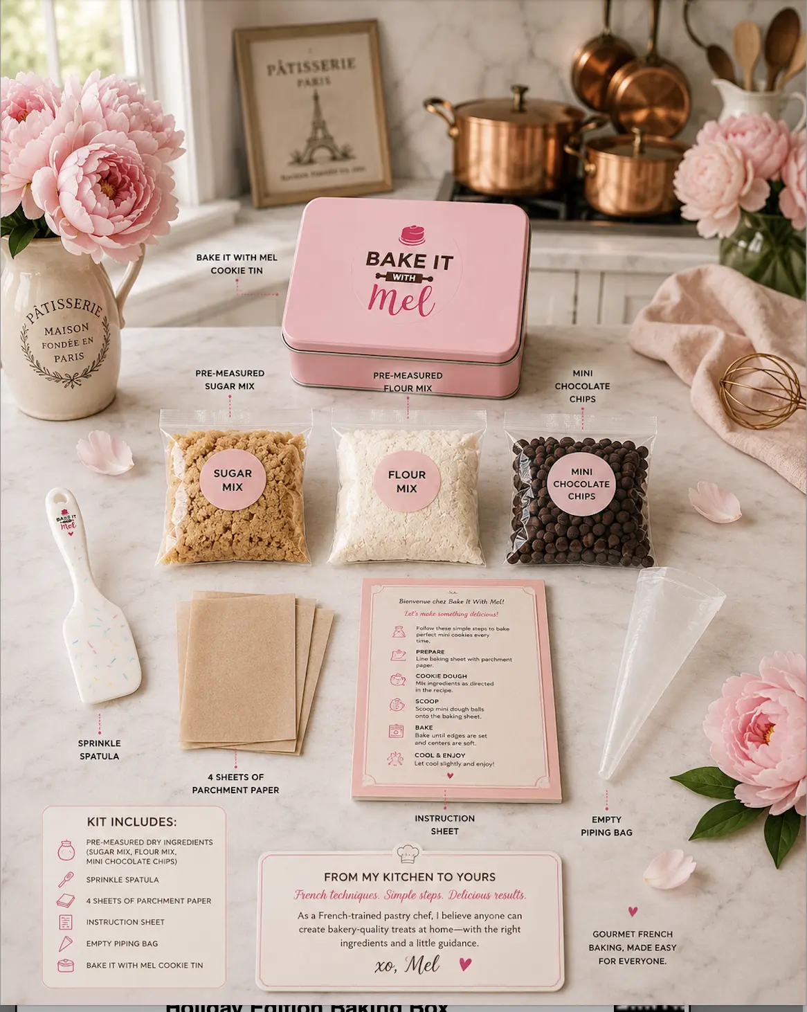 Bake It With Mel Cookie Tin Kit with Pre Measured Ingredients Parchment Papers Piping Bag Pink Tin Box and Sprinkle Covered Spatula