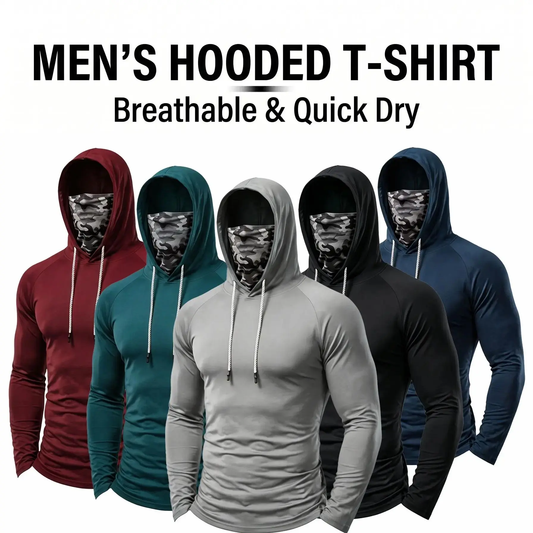 Men's 5-Pack UPF Sun Protection Compression Hoodie Shirts - Slim Fit, 4-Way Stretch, All Season Solid Colors, Quick Dry Breathable Sports Wear, Dry Fit Performance, Long Sleeve with Attached Face Mask, Fishing Hoodie Shirt, Gym Athletic Clothes