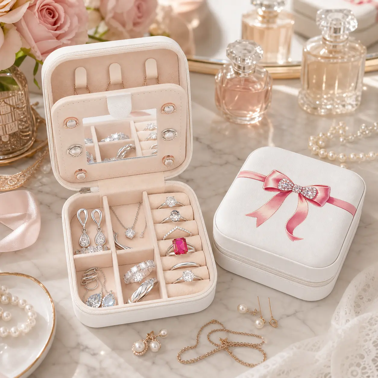 Small Pink Bow Leather Jewelry Case with Mirror - Portable, Durable, Lightweight Zippered Organizer for Rings, Bracelets, Necklaces - Travel Home Storage Box for Girls, Boxes