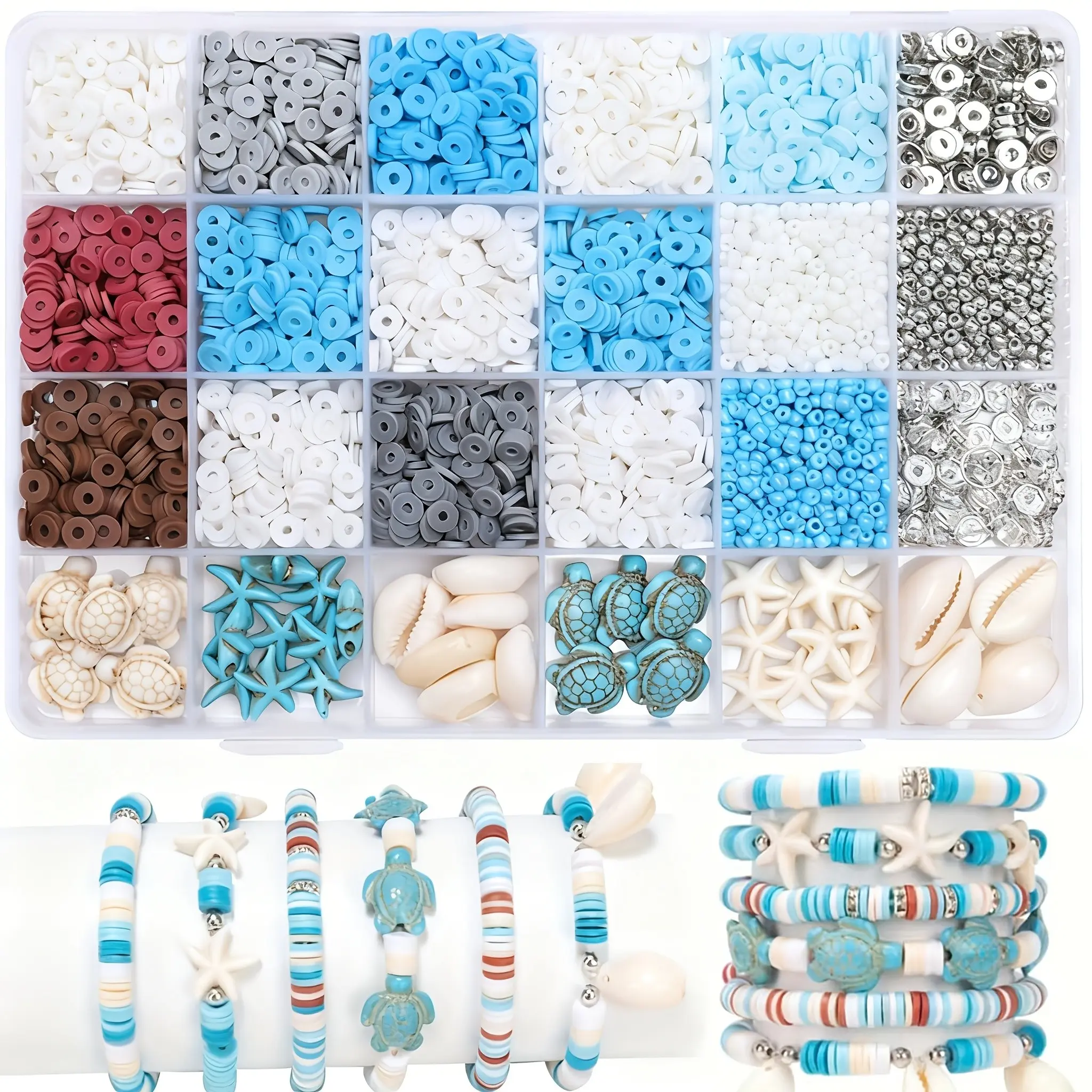 Summer Ocean Theme DIY Bead Set, 24 Colors, 3200 Pcs Clay Spacer Beads, Includes Artificial Shell Starfish, Handmade Bracelet Necklace Kit