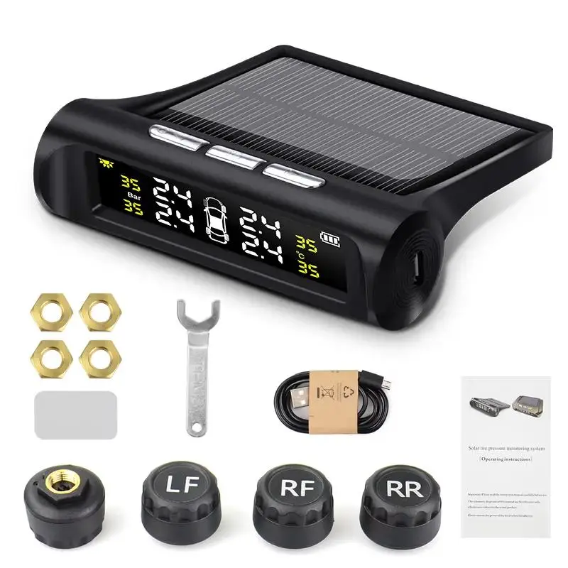 Car Tire Pressure Monitoring System, Wireless Solar TPMS, Tire Pressure Monitor with 4 External Sensors, Real-time Display Temperature Pressure for Ca