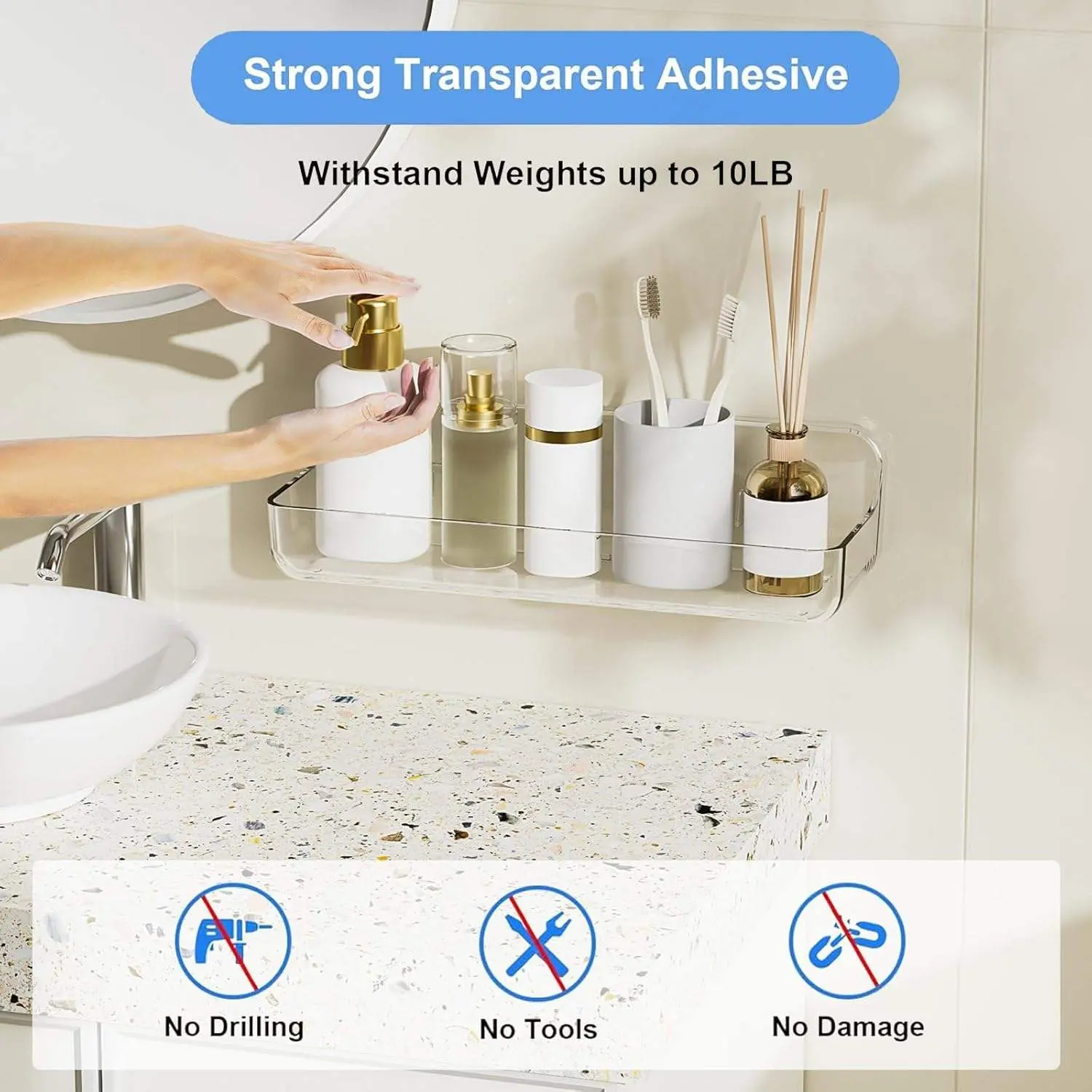 Clear Plastic Bathroom Shelf – Adhesive Wall Mount, Large Storage for Bottles, Modern Space-Saving Design