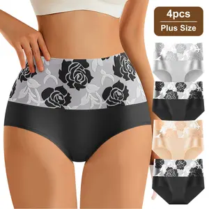 QUASTI 4-Piece Plus Size High-Waisted Cotton Buttock Lifting Women's Panties, Color-Blocked Print, Soft and Breathable, Elastic Tummy Control and Buttock Lifting, Comfortable Womenswear, Sizes 1XL-5XL