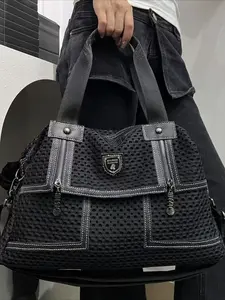 Ladies' fashionable and casual large capacity mesh splicing shoulder bag, Y2K rivet shoulder strap retro street style city bag bucket bag, multifunctional mesh splicing backpack, suitable for daily use and commuting