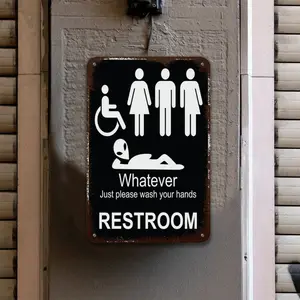 Inclusive Bathroom Sign Vintage Metal Wall Art with Male Female Disabled Icons Funny Wash Hands Anyway Restroom Notice 21.59cm x 25.4cm Office Home Gift Decor