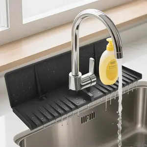 Silicone Faucet Drip Catcher Tray Mat - Upgraded Design - Sink Backsplash Guard Behind Faucet, Silicone Faucet Mat for Dish Soap Sponge Holder, Kitchen Counter Bathroom Kitchen Sink Splash Guard-Black