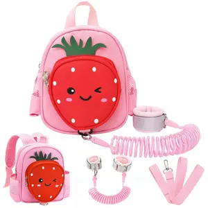 Toddler Backpack with Leash, 4 in 1 Kids Mini Backpacks with Anti Lost Wrist Link, Cute Child Harness Bag Rein for Outdoor, Strawberry Back Pack Rope Tether for Baby Girls Aged 1-3 Years (Pink)