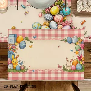 2D flat printing, set of 1 piece/4 pieces/6 pieces/5 pieces/7 pieces, Easter bunny egg checkered table flag and placemat set, macaron pink and floral and Easter bunny design, perfect for spring dining tables and holiday decorations