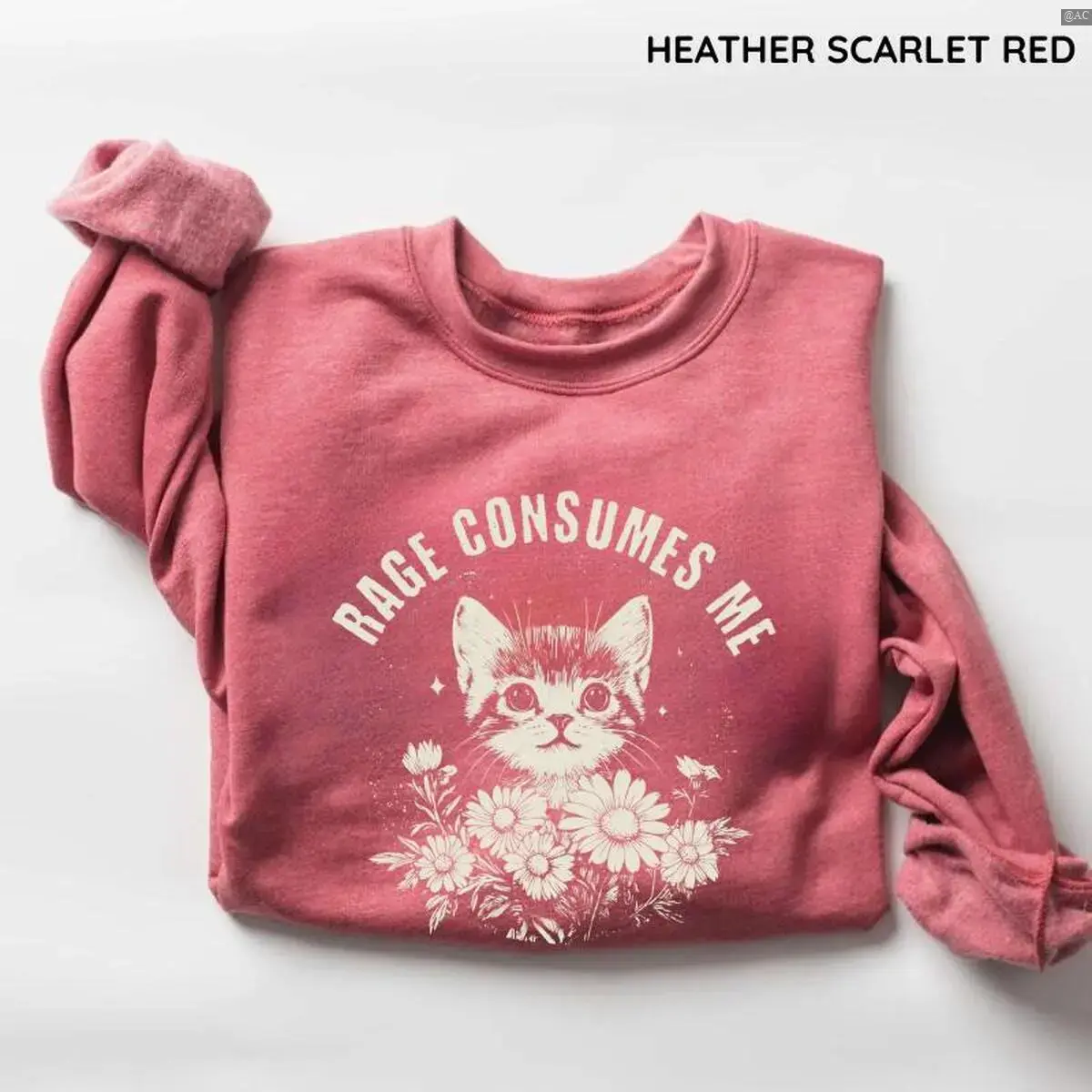 Rage Consumes Me Sweatshirt, Funny Cat Meme Graphic Crewneck, Sarcastic Animal Pullover for Women, Cute Trendy Cat Lover Sweatshirt, Cozy Casual Gift - AL