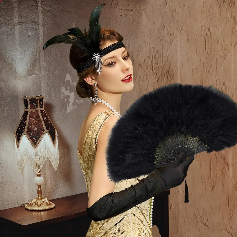 Black Feather Fan - Renaissance Hand Fan Foldable, Feather Fan for 1920s Gatsby Party,Clothing Accessories and Party Decorations (Black)