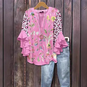 2025 European American Fashion New Style 3D Creative Floral Digital Print Casual Trend V neck Lotus Edge Long Sleeve T shirt Women's Top Cute Stretchy Tank Shapewear White Classic Blouse Comfortable Everyday Wear