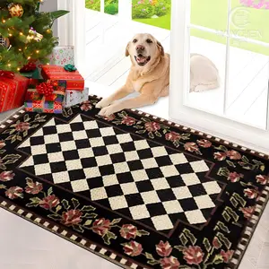 1pc Indoor Entrance Welcome Doormat {Checkerboard And Floral Print} Flannel Nonslip Comfortable Easy to Clean Perfect for Bedroom Living Room Or Home Decor Floor Mat Ideal for Christmas And New Year'S Decorations