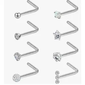 8Pcs 20G Sterling Silver Nose Rings Studs for Women Men Star Marquise Heart Square Round Shaped CZ Nose Stud L Shape Nose Ring Body Piercing Jewelry Sports & Outdoor, Nose Piercings outdoorfun