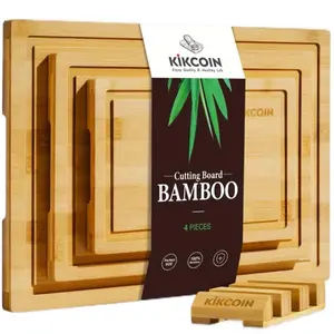 Kikcoin 4PCS Bamboo Cutting Board Set Extra-Large Chopping Boards for Kitchen Non-Slip Eco-Friendly Knife-Friendly Boards with Juice Grooves