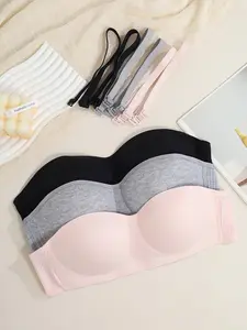 3-Pack Elastic Ribbed Strapless Bras for Girls Ages 13-16, Comfortable Fit, Casual, Everyday, Ideal for Daily Wear, Youthful Style, Solid Textured Bra