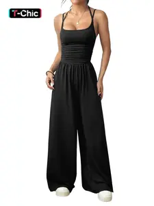 Women's Summer Wide Leg Loose Backless Halter Top Bodycon Jumpsuit, Sexy Fitted Plain Design, All Seasons Fashion