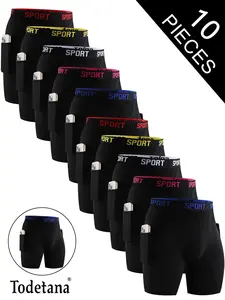 Todetana 10pcs Men's Solid Color Letter Tape Side Pocket Boxer Brief, Breathable Comfortable Underwear for Daily or Sports Wear, Casual Men's Underwear for All Seasons, Breathable Boxer Briefs, Perfect Gift for Men