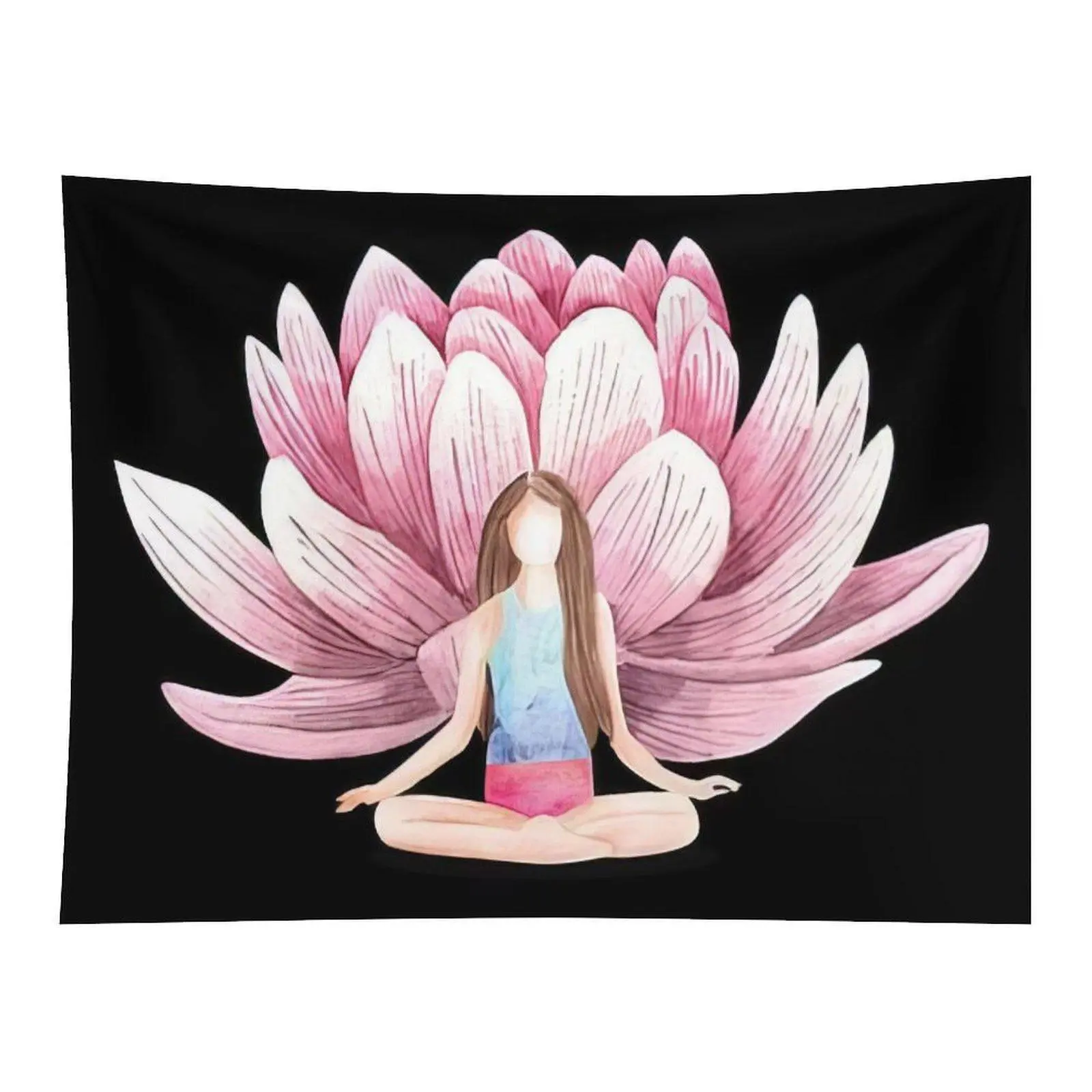 Watercolor Yoga Woman With Big Pink Lotus Flower Wall Tapestry Spiritual Meditation Peaceful Zen Style Wall Hanging Home Art