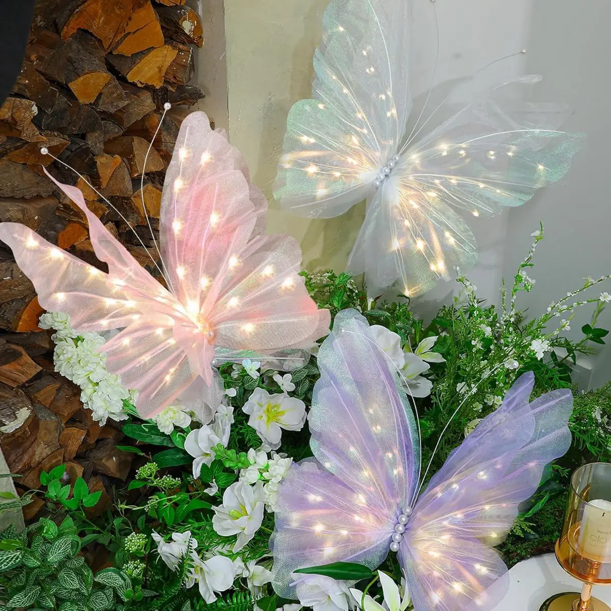 3-Piece Whimsical Pink Giant LED Butterfly Lights - 19.69in Quality Mesh Fabric, Magical Ambience LED Display, Kids' Room Decoration, Indoor-Outdoor Christmas Ornament, Wedding Photography Prop (Home & Festive Supplies), Butterflies, Outdoors, Home Suppli
