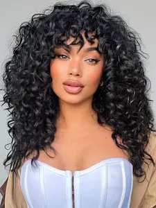 18 Inch Black Curly Wig with Bangs for Women Big Bouncy Fluffy Synthetic Hair Replacement Wigs for Cosplay and Daily Synthetic Material Wigs