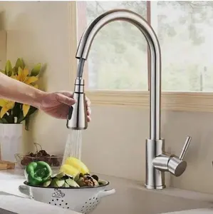 Kitchen Sink Faucet Brushed Nickel Single Handle Swivel Pull Down Sprayer Mixer with Adjustable Spray Head