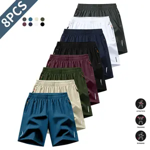 8-pack men’s summer sports shorts for multiple occasions, featuring a drawstring waistband and side zippered pockets; quick-drying, moisture-wicking—ideal for outdoor cycling, commuting to work, and weekend walks.