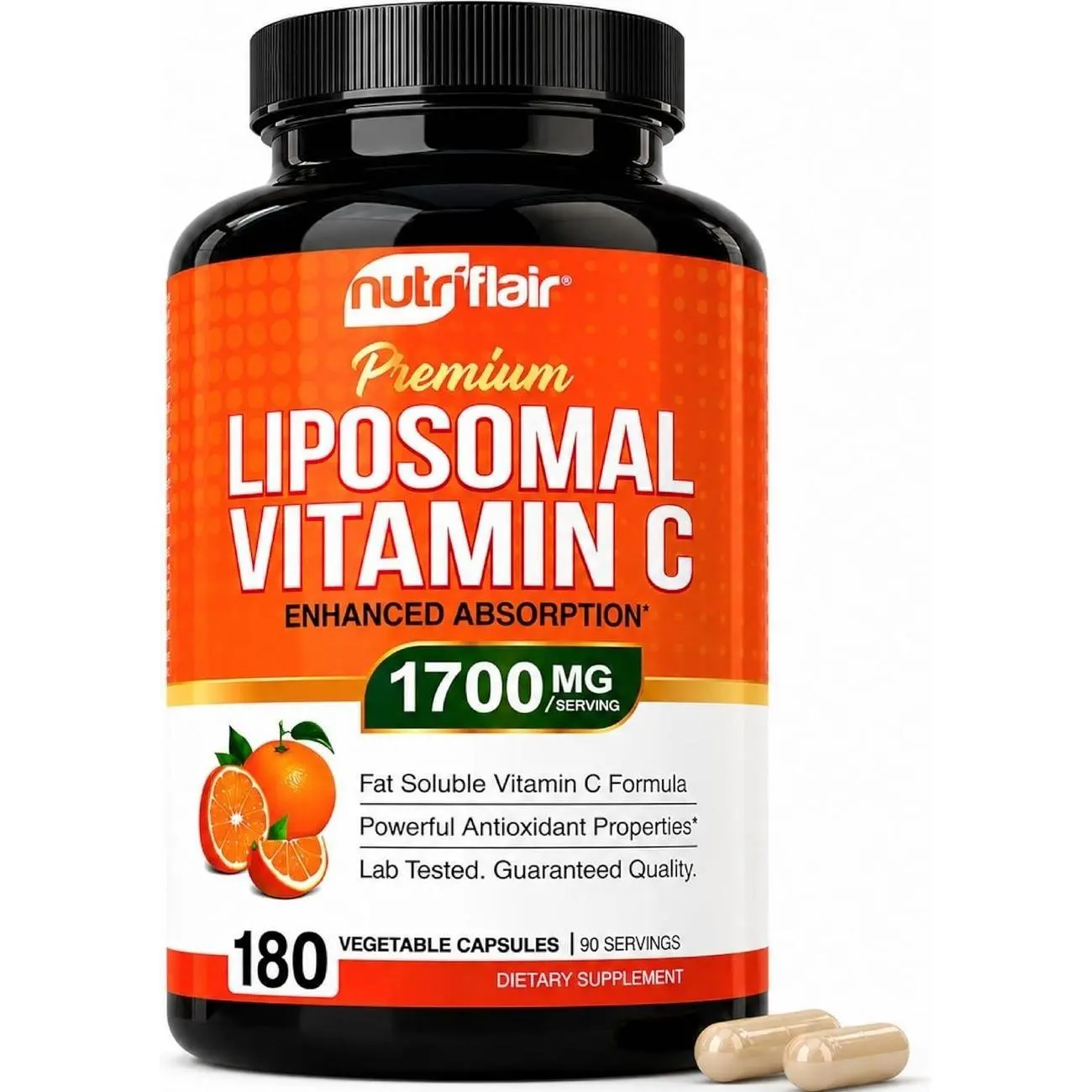 NutriFlair Liposomal Vitamin C 1700mg, 180 Capsules - High Absorption, Fat Soluble VIT C, Higher Bioavailability Immune System Support & Collagen Booster, Non-GMO, Vegan Pills