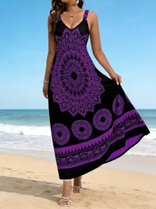 Plus Size Mandala Print Halter Dress, V Neck Irregular Hem, Breathable Loose Fit, Vacation Style, Beach, Slimming Effect, Casual, Bohemian