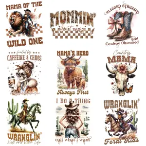 9pcs Vintage Western Mom Pattern Colorful Heat Transfer Stickers, DIY Fashion DTF Iron-On Patches for Clothes, Perfect for Hoodies & Tees