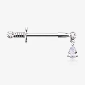 A Pair of Classic Sparkle Dagger Sword Teardrop Dangle Nipple Barbell