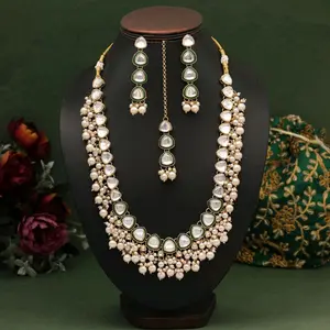 Maroon Green Kundan Stones & Imitation Pearl Long Mala Necklace Set with Earrings and Tikaa for Women